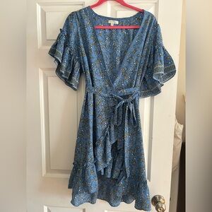 Blue Floral Wrap Dress with Ruffle Sleeves